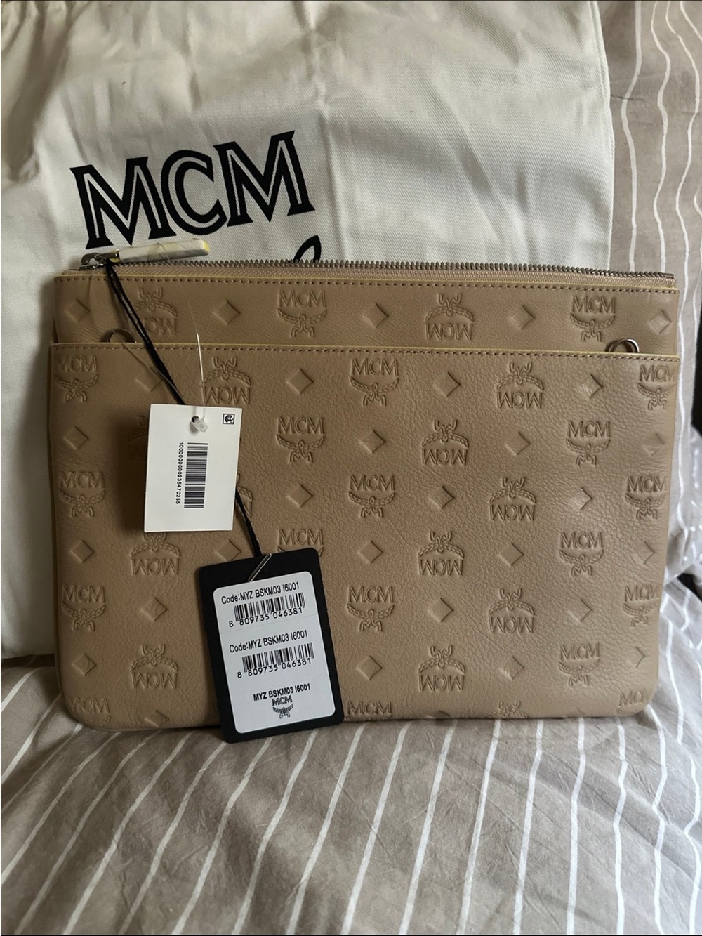 MCM Leather Interior Pouch in Light Beige with Gold Accent